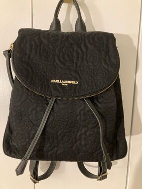Karl Lagerfeld Black Quilted Floral-Embossed Backpack with Gold Hardware